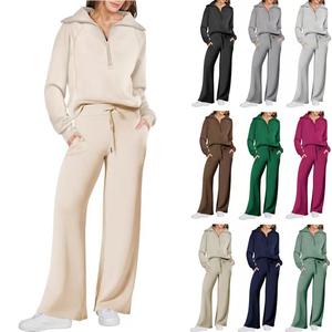 Completo Sportivo da Donna Casual Autunno Inverno Stile Europeo Americano Due Pezzi con Felpa a Maniche Lunghe con Cerniera e Pantaloni a Gamba Larga - Product Image 1