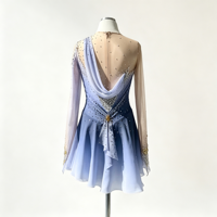 Costume de patinage artistique bleu dégradé à une épaule, drapé, dos profond, jupe ornée de strass pour adultes et enfants, pour concours et spectacles de danse sur glace