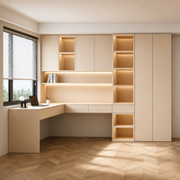 Bureau d'angle en L personnalisé, ton bois, avec bibliothèque vitrée LED intégrée, meuble de rangement pour bureau à domicile
