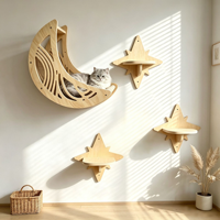 Décoration d'intérieur : Ensemble d'étagères murales en bois pour chats, motif lune et étoile, plateforme flottante murale pour chats, mobilier mural pour animaux de compagnie