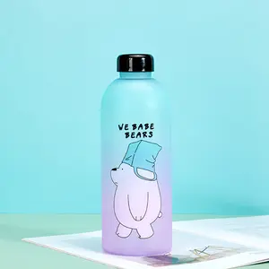 Wholesale Custom Printing Design Babe Bears 1000ML Drinking Gradient Frosted Clear Plastic Water Bottle With Plastic Screw Lid