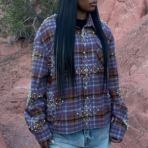 Unisex शरद ऋतु गैंडा डबल जेब लंबी आस्तीन बारी बारी-डाउन कॉलर सिंगल ब्रीस्टेड बोक्सी ढीली फ्लैनेल प्लाड शर्ट - Product Image 3