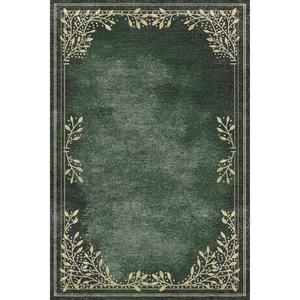 Tapis d'intérieur vintage à poils plats, motif feuille, en laine/soie, fabriqué à la machine, tufté à la main, avec bordure verte, antidérapant en latex, pour chambre et salon - Product Image 1