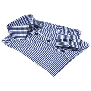 Femme coton coupe slim anti-rides col italien robe vichy bleu clair chemise à carreaux - Product Image 4