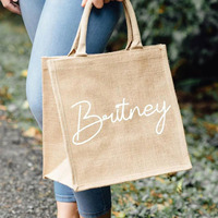 YIFAN Logo personnalisé sac fourre-tout en jute respectueux de l'environnement poignée épaisse sac réutilisable étanche longue poignée motif géométrique