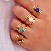 Nieuwe Europese Amerikaanse Hot Sale Kleurrijke Natuurlijke Steen Ronde RVS 14k Gouden Unisex Trendy Open Ring