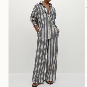 Conjunto de Dos Piezas de Lino 100% para Mujer, Estilo Casual, Primavera-Verano, Color Sólido, Pantalones Anchos y Camisa Tipo Cárdigan - Product Image 2