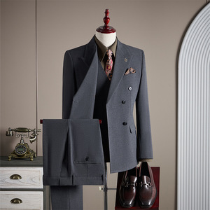 Ensemble de <span class=keywords><strong>costume</strong></span> trois pièces haut de gamme pour <span class=keywords><strong>homme</strong></span>, grande taille, croisé, anti-rétrécissement, col en V, pour mariages et affaires, en tissu peigné à devant plat - Product Image 6