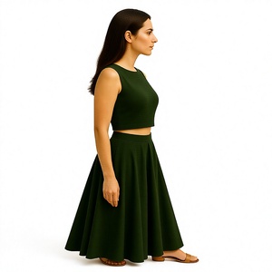 ชุดเซ็ตสองชิ้น เสื้อครอปสีเขียวสำหรับผู้หญิง กระโปรงทรงเอ สไตล์อินโดเวสเทิร์น อินเดีย ปากีสถาน ทรงปกติ ผ้าโพลีเอสเตอร์ แห้งเร็ว - Product Image 1