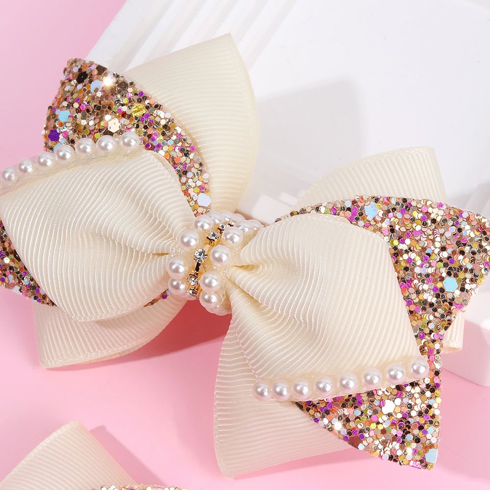 CN 2Pcs Boutique Ribbon Hair Bow Clip Sparkly Glitter Pins White Pearl Barrette Pigtails Hair Clip Girls Kids