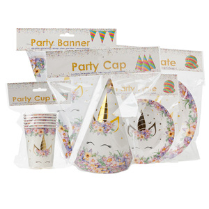 Kit de Artículos para Fiesta de Unicornio, Platos de Papel, Vasos, Gorros, Decoraciones Desechables con Estampado Dorado para Fiestas Infantiles - Product Image 2