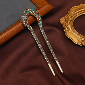 Épingles à cheveux rétro de style coréen, ornements capillaires, accessoires capillaires en gros, épingles à cheveux double-fourche en strass motif fleur de pêcher antique - Product Image 4