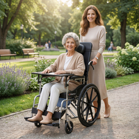 Fauteuil roulant pliant confortable semi-inclinable avec roues intégrées de 24 pouces et coussin en cuir, cadre en acier carbone, frein à main, plateau et bac à couches