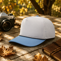 Casquette de camionneur personnalisée perforée au laser, casquette de baseball sportive respirante à 5 panneaux à profil haut découpée au laser avec logo personnalisé