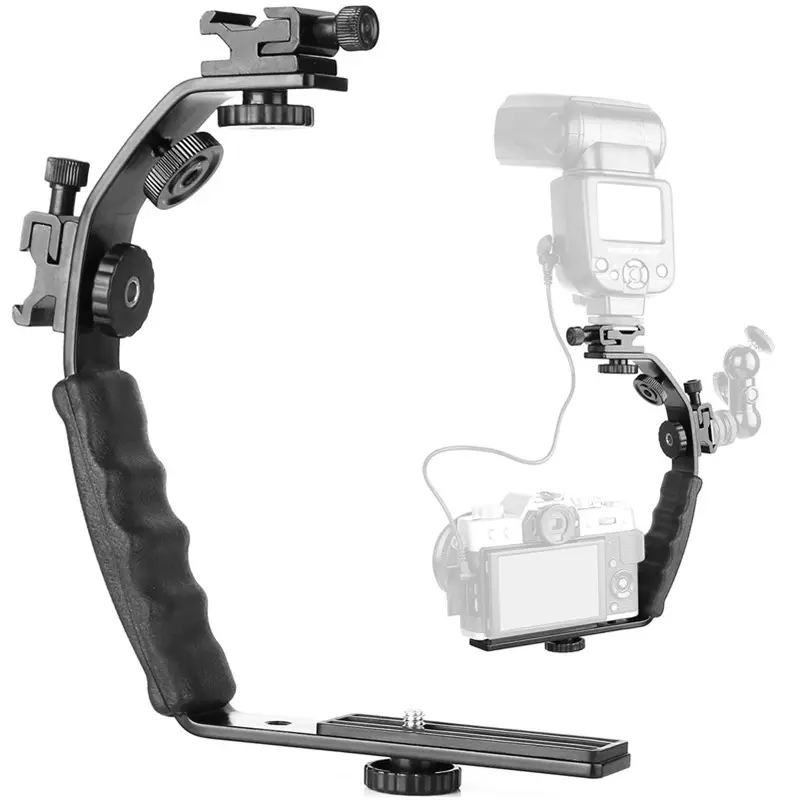 Evrensel Flaş Kamera Kavrama L Braketi ile 2 Standart Yan için Sıcak Ayakkabı Dağı Flaş DSLR Video Işığı Kamera Tutucu