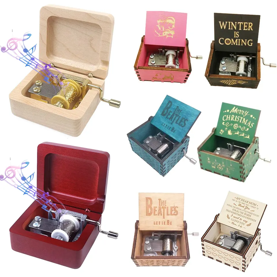 Custom Color Print Holiday Gift Mini Size Engraved Hand Crank Wooden Music Box