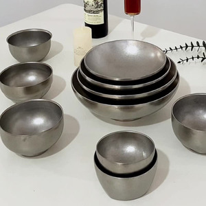 Ciotola retrò grigio neve 304 acciaio inossidabile ciotole per zuppa di riso Set industriale vecchie stoviglie isolanti piatti di frutta a doppio strato - Product Image 1