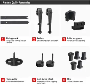 स्लाइडिंग बार्न डोर हार्डवेयर सिस्टम DIY घरेलू उपयोग के लिए एरो आकार गुणवत्ता वाली विंडो सहायक उपकरण आपूर्तिकर्ता के लिए प्राचीन ब्लैक रोलर किट