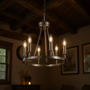 Modern Farmhouse 6-Light Chandelier Brushed Nickel Wagon Wheel Pendant <b>E12</b> Base Indoor Lighting - Product Image 2