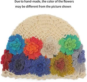 ZLYC Berretto da donna in cotone lavorato all'uncinetto, fatto a mano, con motivo floreale intagliato e bottone |   Leggero e Traspirante Boho China Caf - Product Image 2