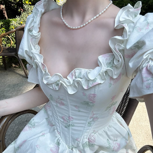 أنيقة بطباعة زهور كم منفوخ رقبة مربعة بترتيب طويل طويل عتيق بوهو فستان صيفي للحدائق والحفلات للنساء - Product Image 4