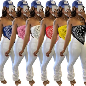 Camiseta de punto informal para mujer, nueva moda de verano, sexy, estampada, sin hombros, sin tirantes, con diseño de <span class=keywords><strong>pañuelo</strong></span>/bandana - Product Image 4
