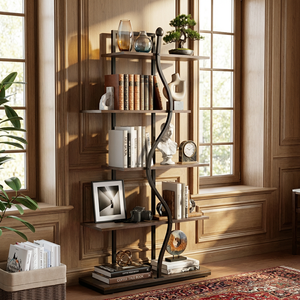 Modern Curved Metal Bookshelf with 5 Tier Wood <strong>Shelves</strong> Portable <strong>for</strong> Apartment or Home Office Decoration - Product Image 1