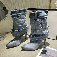 Nouveau Sexy femmes mi-mollet botte bout pointu élégant femme chaussures Cowgirl Denim bottes pour dames ourlet roulé bottes en jean