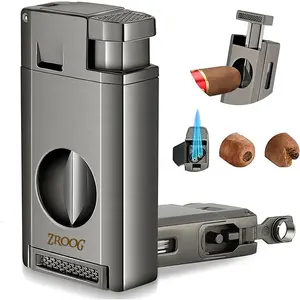 Cigarette Lighter Cigar With Built in Cigar Cutter Triple Jet Flame Butane Lighter With Visible Window