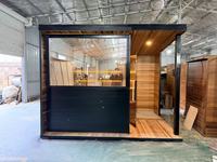 Sauna Exterior Moderna Tipo Cubo para 4-6 Personas con Terraza, Sauna de Vapor de Madera de Cedro Rojo con Pared de Vidrio Panorámica para Jardín