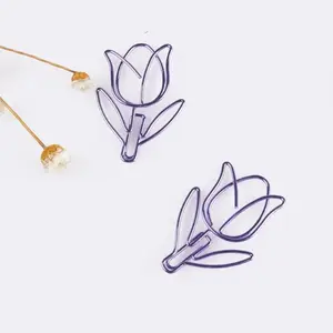 Clips de papel de tulipán metálico púrpura, clips de papel con forma de flor de metal para cuaderno