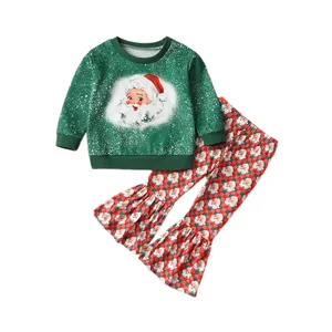 Venta al por mayor de conjuntos de ropa para niñas pequeñas sudadera Top y pantalones acampanados 2 uds niños Navidad Santa Claus trajes