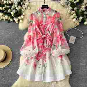 Vestido Midi Casual de Primavera Estilo Americano con Cuello Mao para Mujer, Manga Linterna, Estampado de Encaje, Morado - Product Image 1