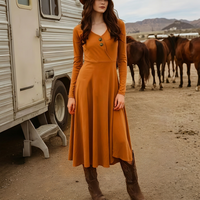 Robe midi extensible unie à col en V et manches longues boutonnées pour femme grande taille, style western cowboy, taille haute et effet ventre plat
