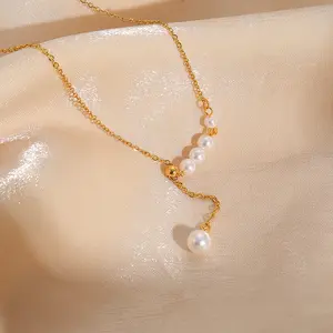 Collar de perlas de agua dulce Natural de acero y titanio, cadena de eslabones estilo francés, chapado en oro auténtico, Perla Barroca