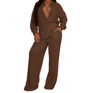 Women's Stretch Long-Sleeve Multiple Pockets Shirt With Pressed Creases Wide-Leg <b>Pants</b> Casual 2-Piece Set Fashion - Product Image 2