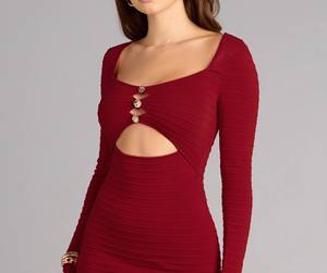 Robe moulante pour femme, manches longues, décolleté évidé, détail en strass, robe de soirée, robe mini sexy pour femme - Product Image 4