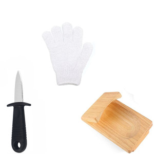Juego de cuchillos para descascarar ostras de acero inoxidable de alta resistencia con soporte de madera y guante para herramientas de mariscos - Product Image 1