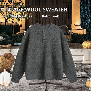 Pull en maille confortable pour homme, style vintage, mélange de laine mérinos, cardigan Henley, anti-plis, respirant, pour l'automne - Product Image 2