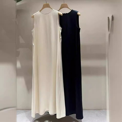 4818 Popular French Style Summer Elegant Satin Dress Solid Color Sleeveless Dresses for Women Summer