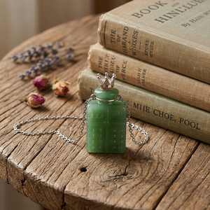 Pendentif flacon de parfum en jade vert avec couronne, chaîne plaquée argent, collier vintage unisexe - Product Image 2