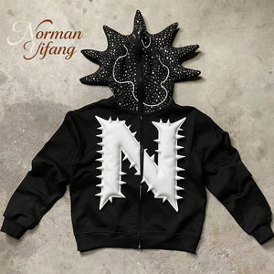 Sweat à capuche personnalisé de haute qualité 100% coton pur avec strass Y2k à fermeture éclair et cornes de <span class=keywords><strong>diable</strong></span> Style streetwear pour homme - Product Image 1