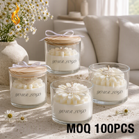 Bougie personnalisée avec logo LF, couvercle en bois, pot en verre, fleur de marguerite, parfum floral, cadeau, souvenir de mariage, étiquette personnalisée, marque propre, décorative