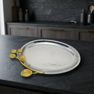 Oval Polished Metal <b>Serving</b> <b>Tray</b> With <b>Gold</b> Leaf Decorative Handle Residential Use Decorative Finish - Product Image 6