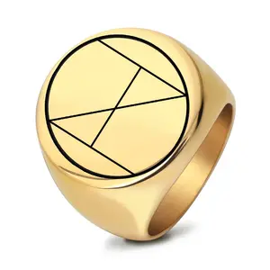 Roestvrijstalen Gladde Laser Geometrisch Gebied Diagram Ring Ronde 22Mm Titanium Staal Retro Heren Ring