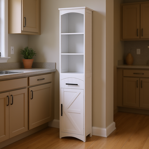 Armoire haute et étroite de style farmhouse blanche 13,4 L x 9,4 L x 66,9 H avec tiroir encastré, armoire de rangement pour cuisine - Product Image 2