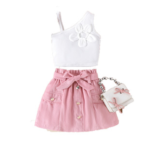 Conjunto de Verano para Niña, Bonito Traje para Niñas Pequeñas y Medianas, Top de Tirantes + Falda Corta + Cinturón de Accesorios - Product Image 3