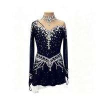 Robe de patinage et de danse bleu marine pour enfants et adultes, col montant, manches longues, strass, sequins, dos ouvert, pour compétition et spectacle de patinage sur glace
