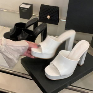 Sandales d'été 2025 pour femmes à talons hauts en cuir véritable, style mules à bout ouvert, rehaussantes, noires, à talon épais et confortables - Product Image 4