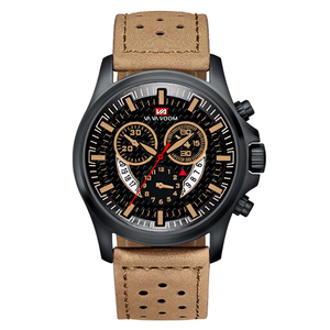 Montre robuste de style pilote pour homme, chronographe, boîtier noir, index dorés, bracelet en cuir - Product Image 4